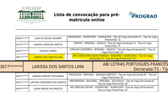 Lista UNIFESP, Larissa dos Santos Lima aprovada